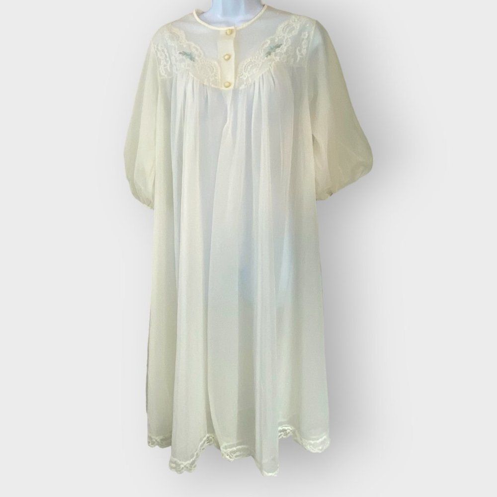 Vintage Shadowline Womens Peignoir Robe | Medium | Sheer | Lace | Embroidered